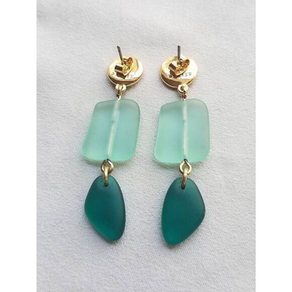 J. Crew Aqua Green Sea Glass Linear Drop Earrings in Gold - Picture 2 of 5